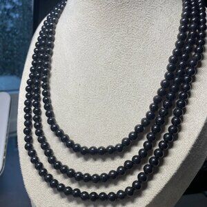 Vintage Black Jade Necklace 3 Strand w/ Magnetite & 925 Silver Clasp